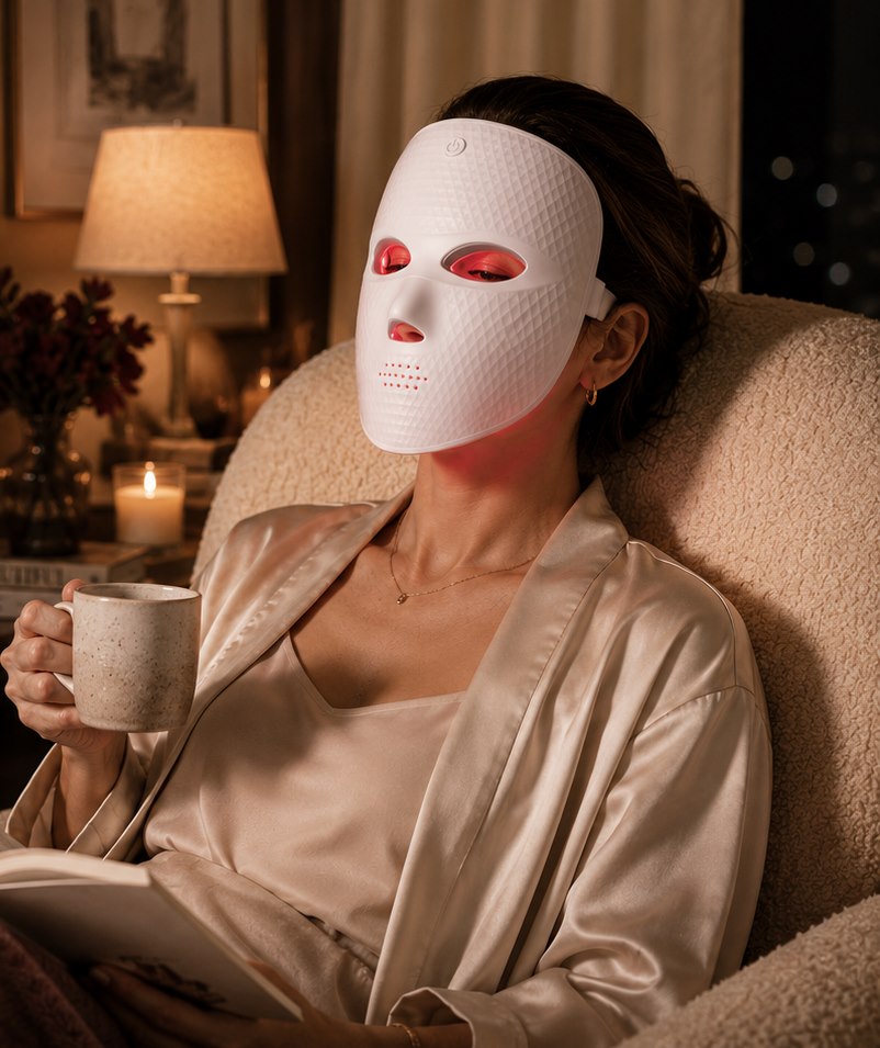 Woman wearing the cord-free REVELIVA LIGHT MASK while relaxing at home