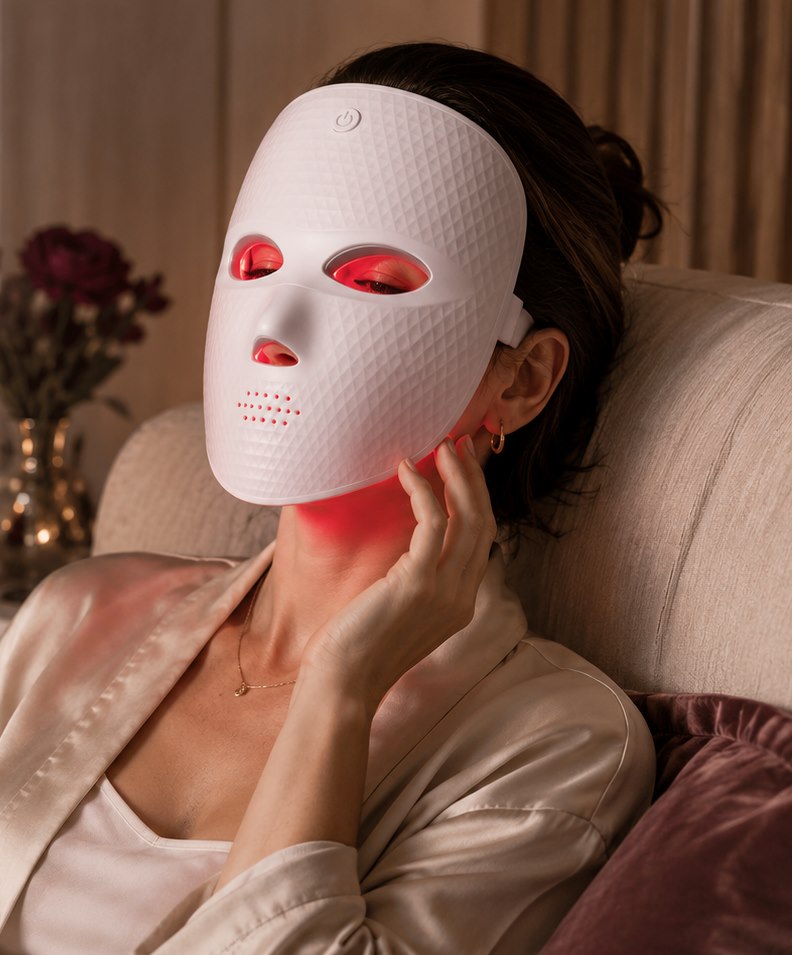 Woman wearing the REVELIVA LIGHT MASK, a white cord-free LED light mask, during an at-home light ritual